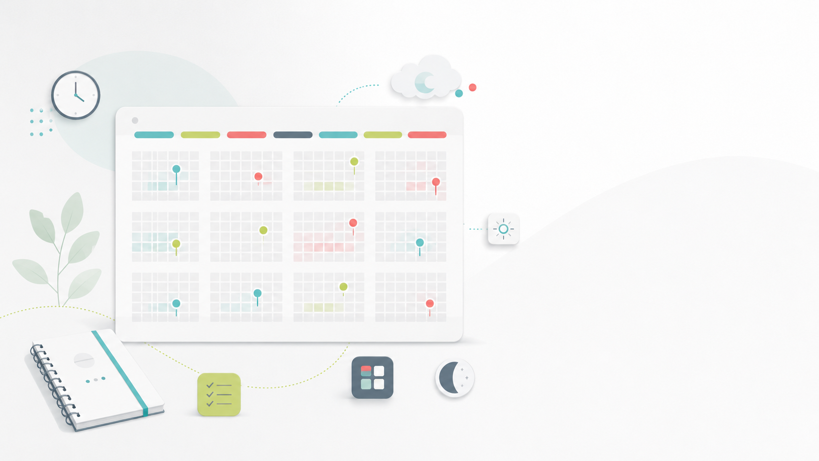 Beruhigender Arbeitsbereich mit Kalender und Icons