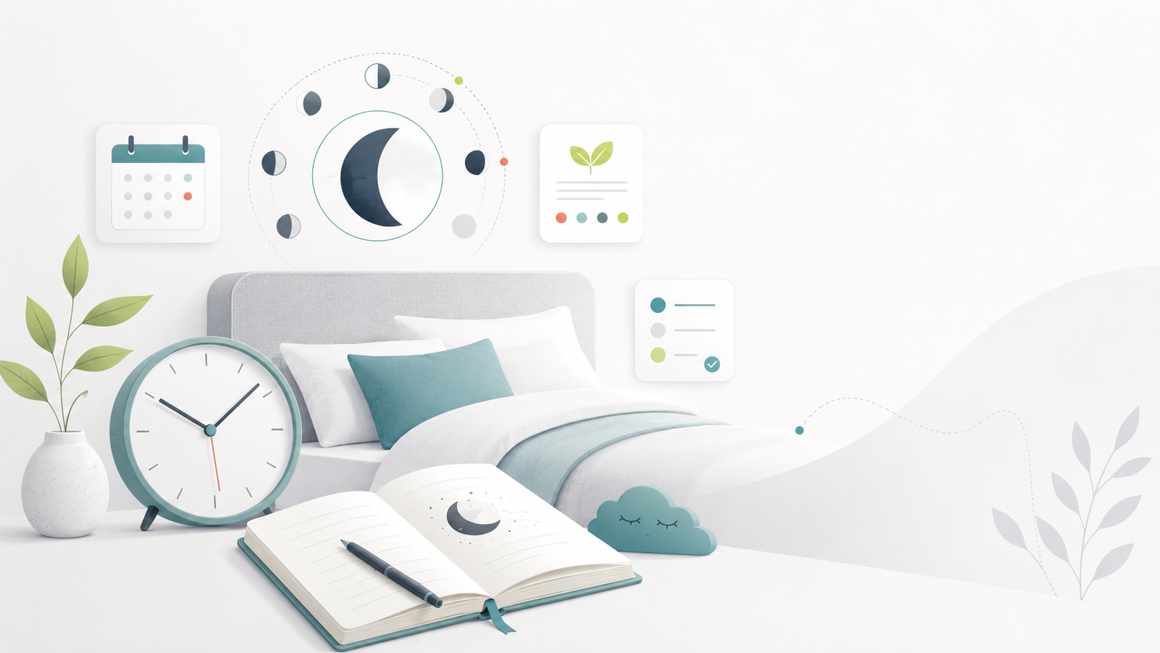 Beruhigtes Schlafzimmer mit Wellnesskarten und Symbolen